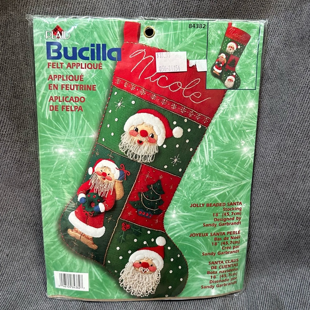 Vintage Bucilla SANTA Claus Christmas Stocking Kit 84382  Felt Appliqué Sequins